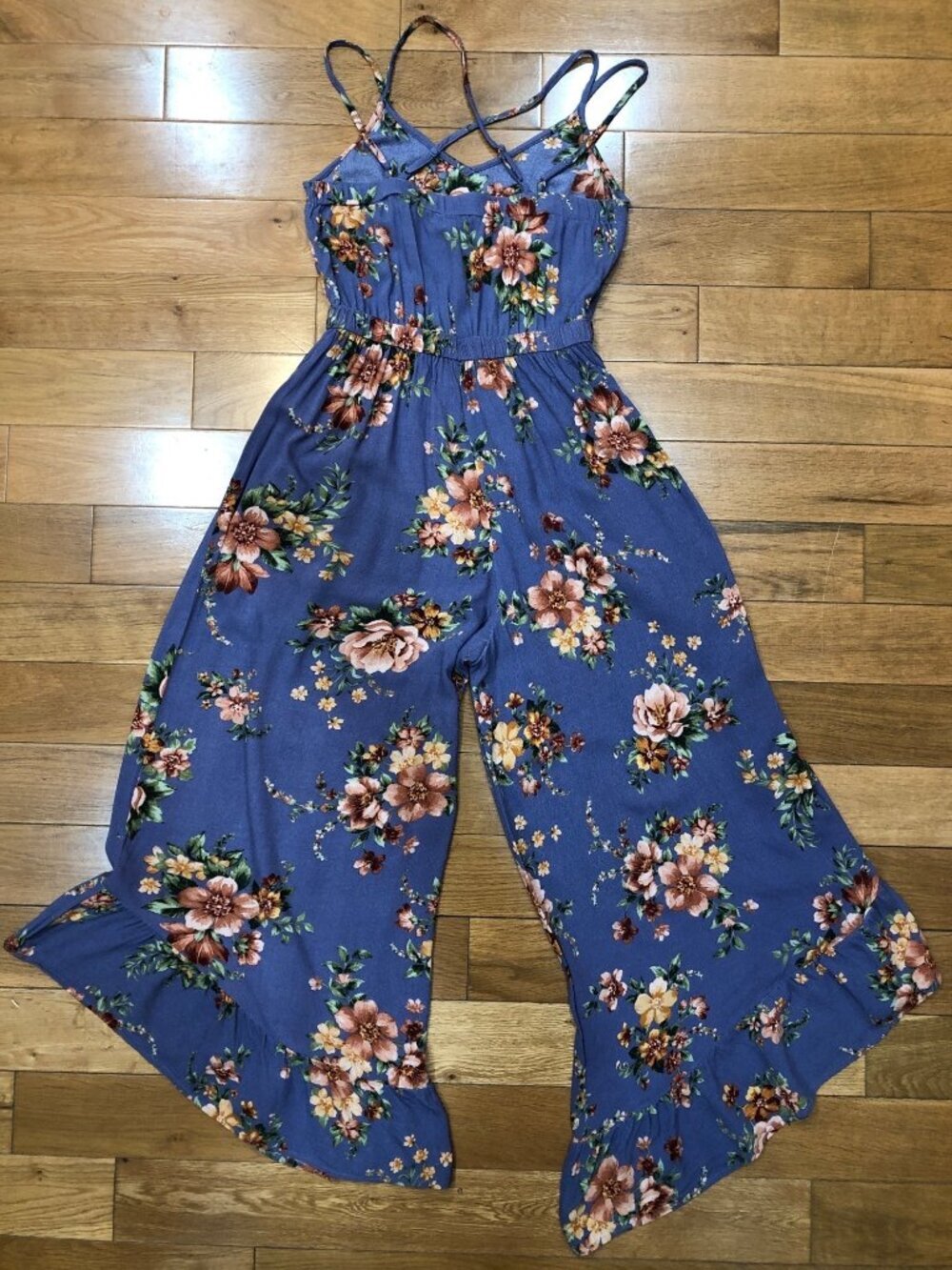 American Eagle Blue Floral Wide Leg Romper Jumpsuit Beachy Festival Size XS